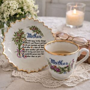 Vintage Mother Teacup & Saucer Floral Gold Trim Teacup Gift for Mom